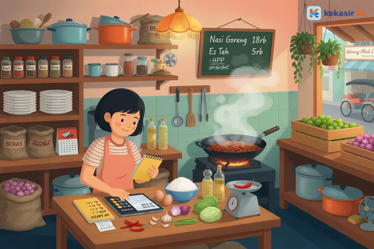 Suasana pemilik kafe mengecek harga jual menu di aplikasi kasir