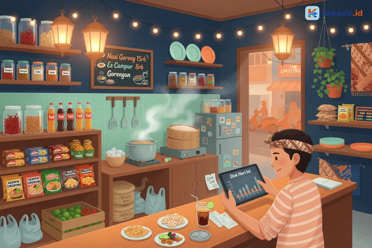 Pemilik usaha kuliner mengecek laporan stok bahan baku dari tablet