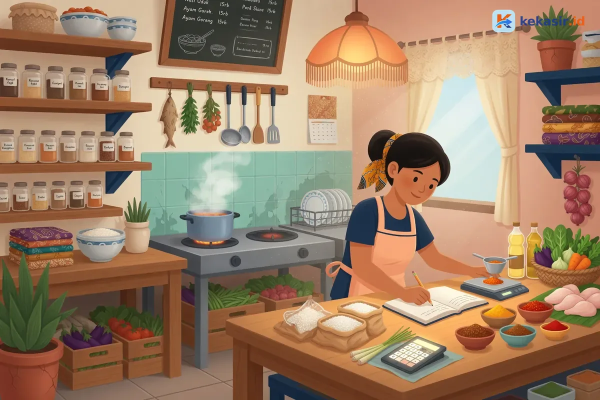 Ilustrasi pemilik usaha katering menghitung bahan baku di dapur