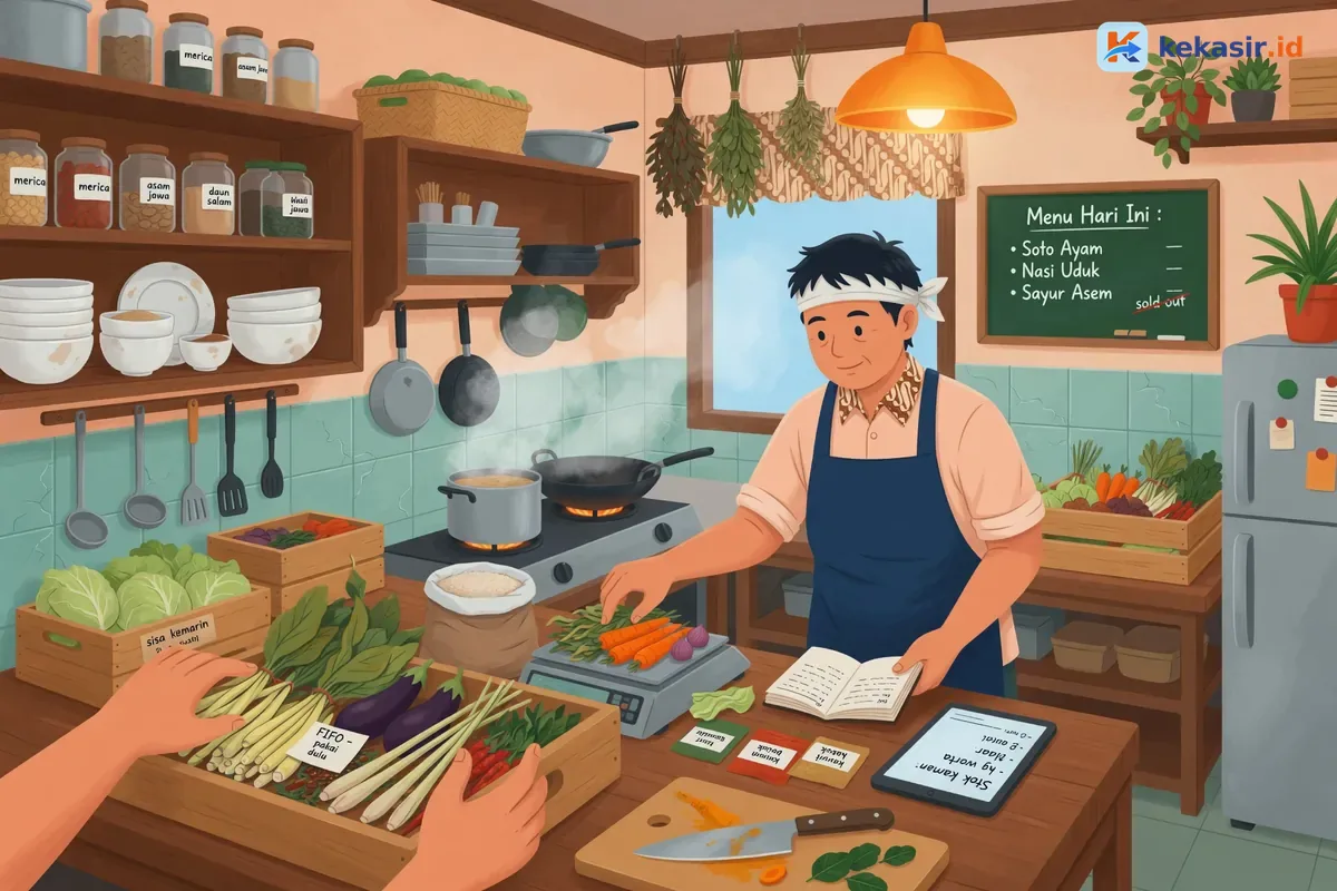 Suasana koki di dapur katering menyiapkan bahan baku sesuai resep