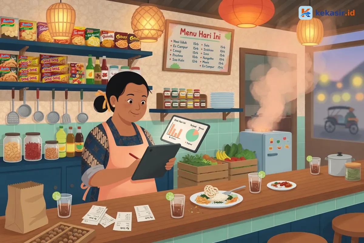 Pemilik usaha melihat laporan stok dan penjualan di tablet