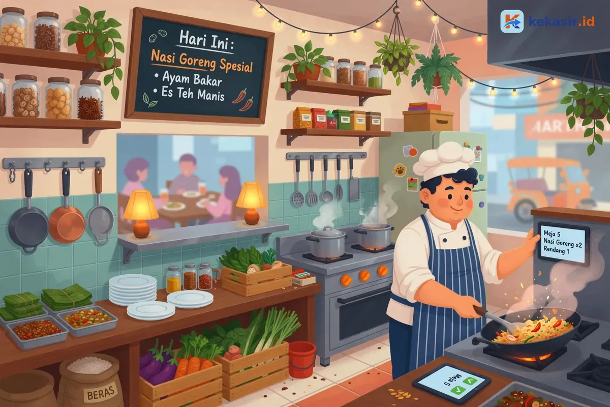 Ilustrasi dapur restoran dengan layar order di dinding dan chef sedang masak