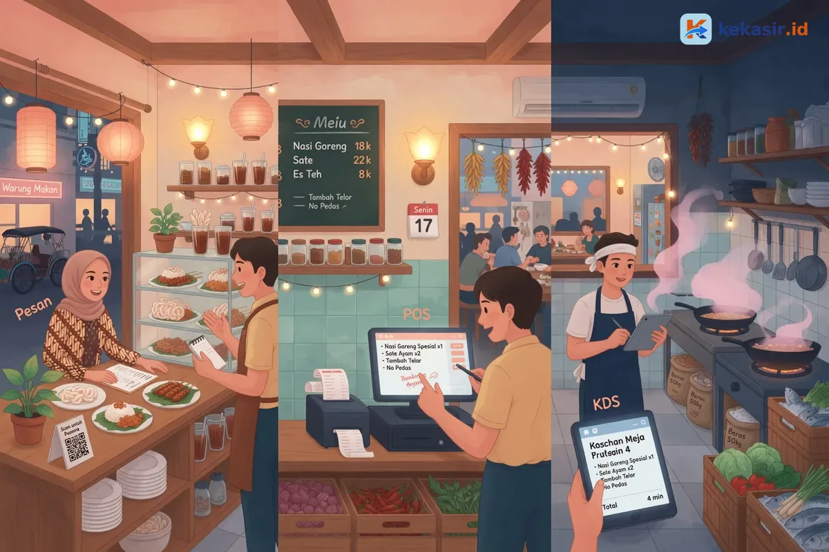 Alur pesanan dari kasir ke dapur lewat kitchen display system di restoran
