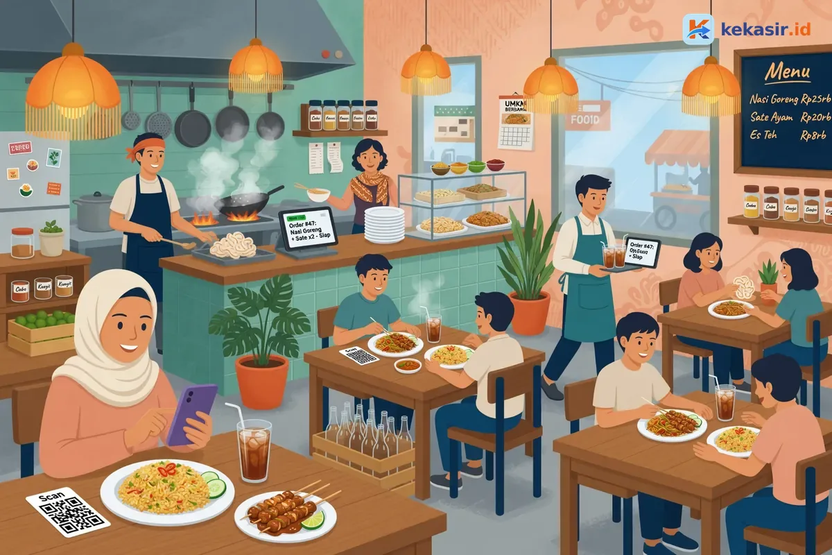 Suasana peak hour restoran: waiter cek status order dan dapur masak dari layar KDS
