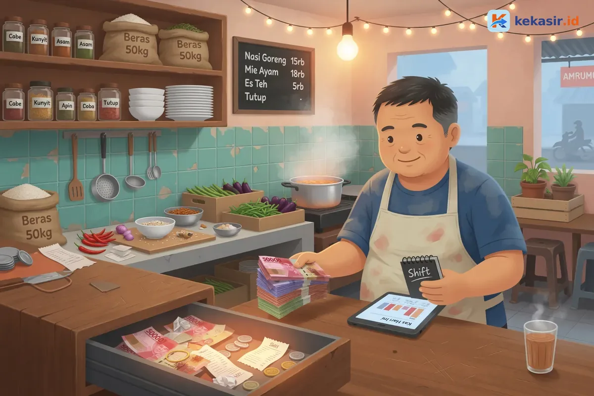 Ilustrasi pemilik warung menghitung uang kas di laci setelah tutup shift