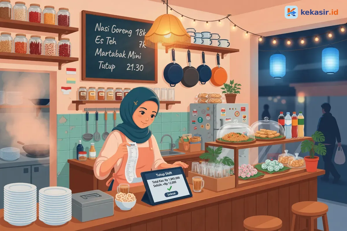 Ilustrasi kasir menyelesaikan tutup shift di tablet sambil memegang struk