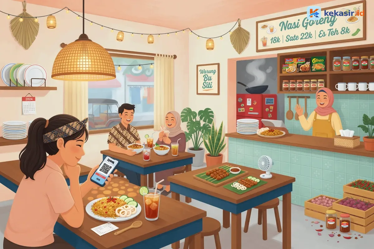 Ilustrasi pelanggan melakukan pembayaran QRIS di depan kasir warung