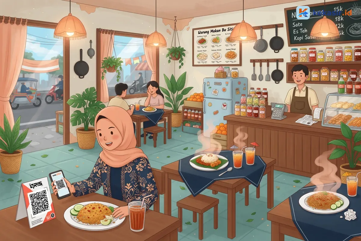 Kasir restoran menerima bayar campur tunai dan scan QRIS dari pelanggan di meja kasir