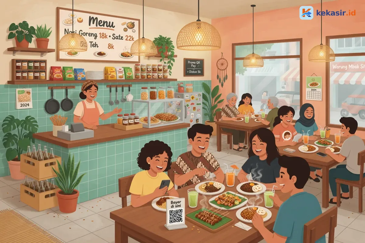 Ilustrasi suasana rombongan tamu di meja restoran sedang menunggu proses pembayaran tagihan