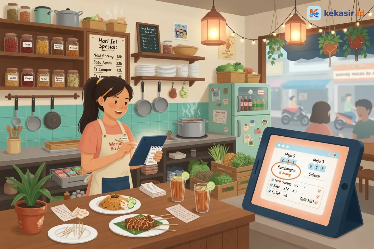 Ilustrasi kasir restoran mengelola status meja dan pesanan rombongan di layar point of sales