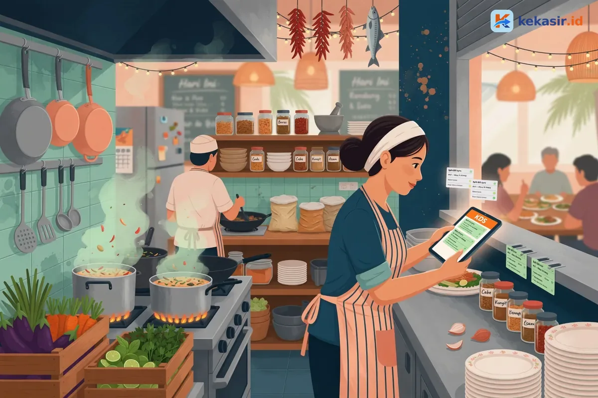 Alur pesanan dari kasir ke layar dapur di restoran untuk sinkronisasi order