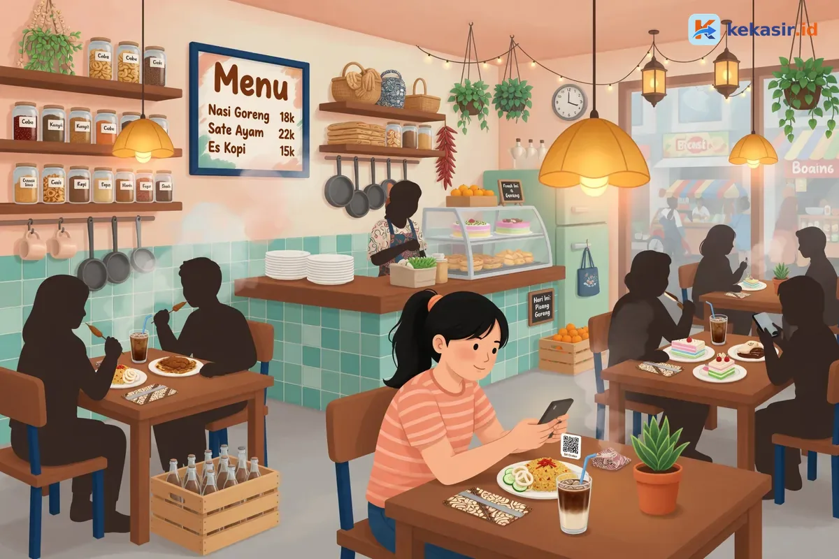 Suasana cafe ramai dengan pelanggan duduk di meja sambil memegang HP