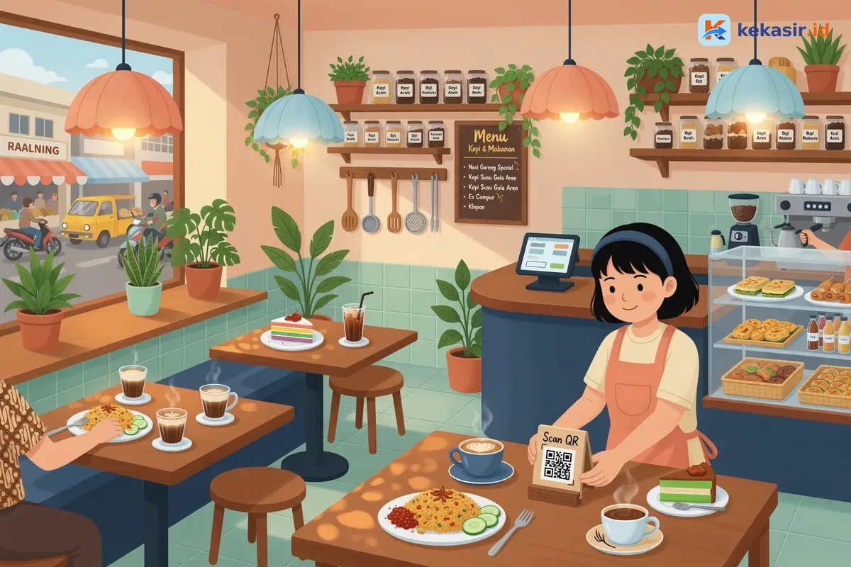Barista cafe menempelkan stand QR code di meja dekat window seat