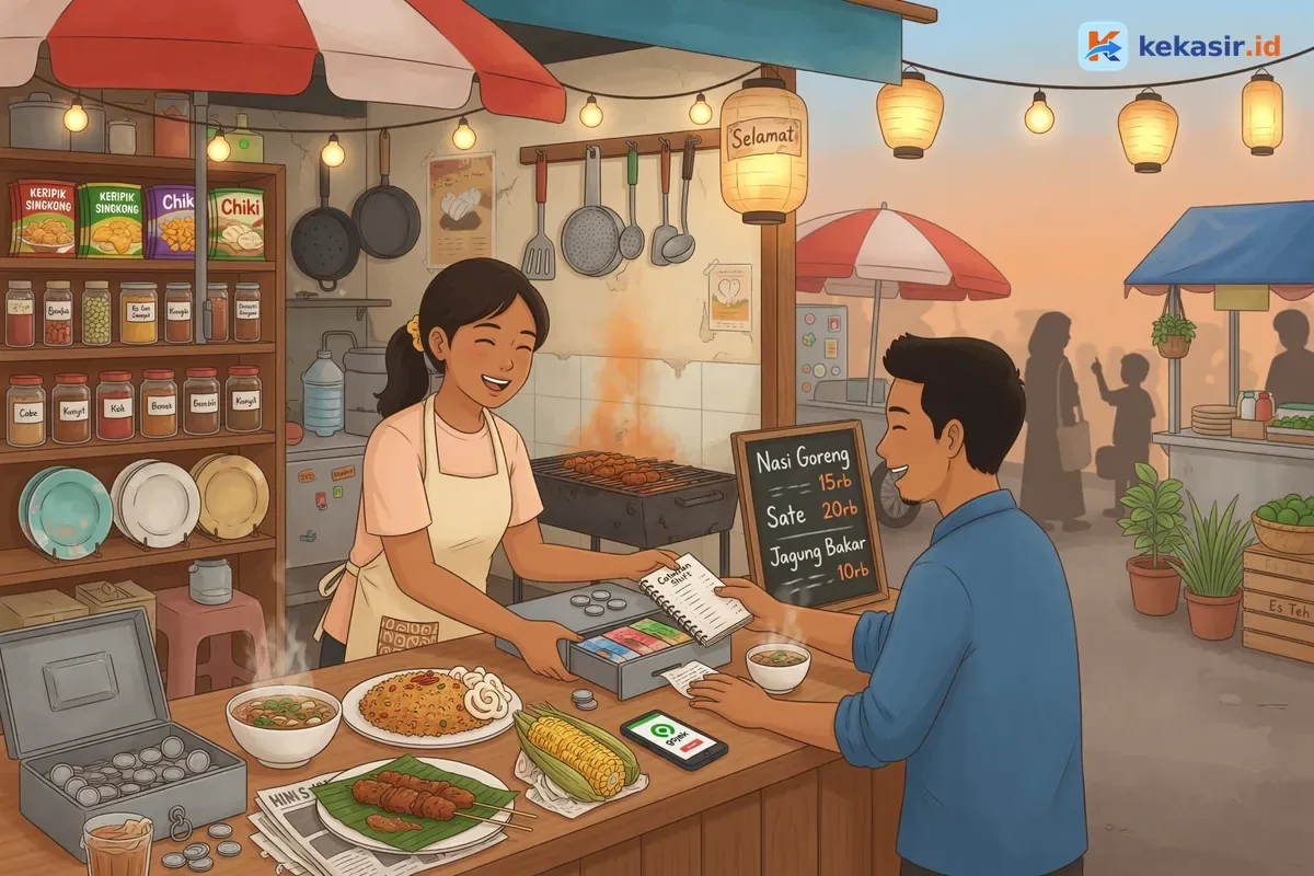 Ilustrasi suasana serah terima shift di booth kuliner