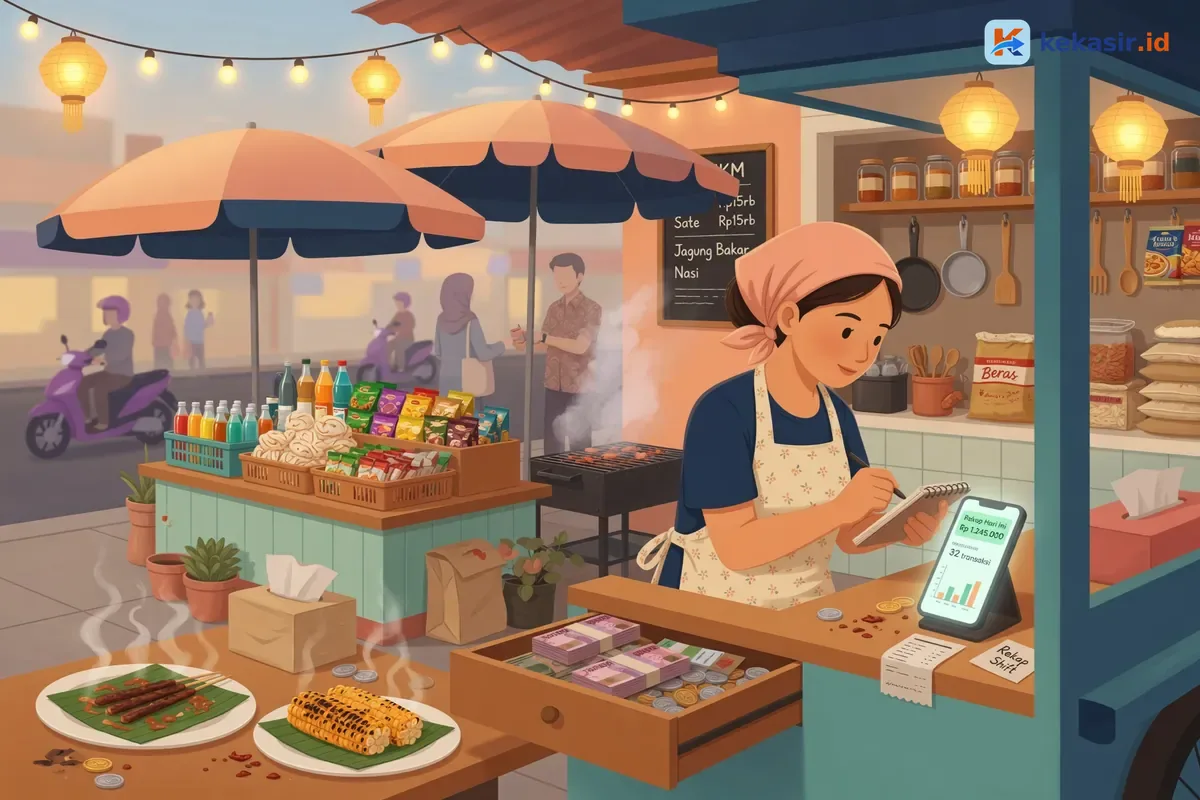 Ilustrasi kasir mencatat rekap transaksi di aplikasi kasir