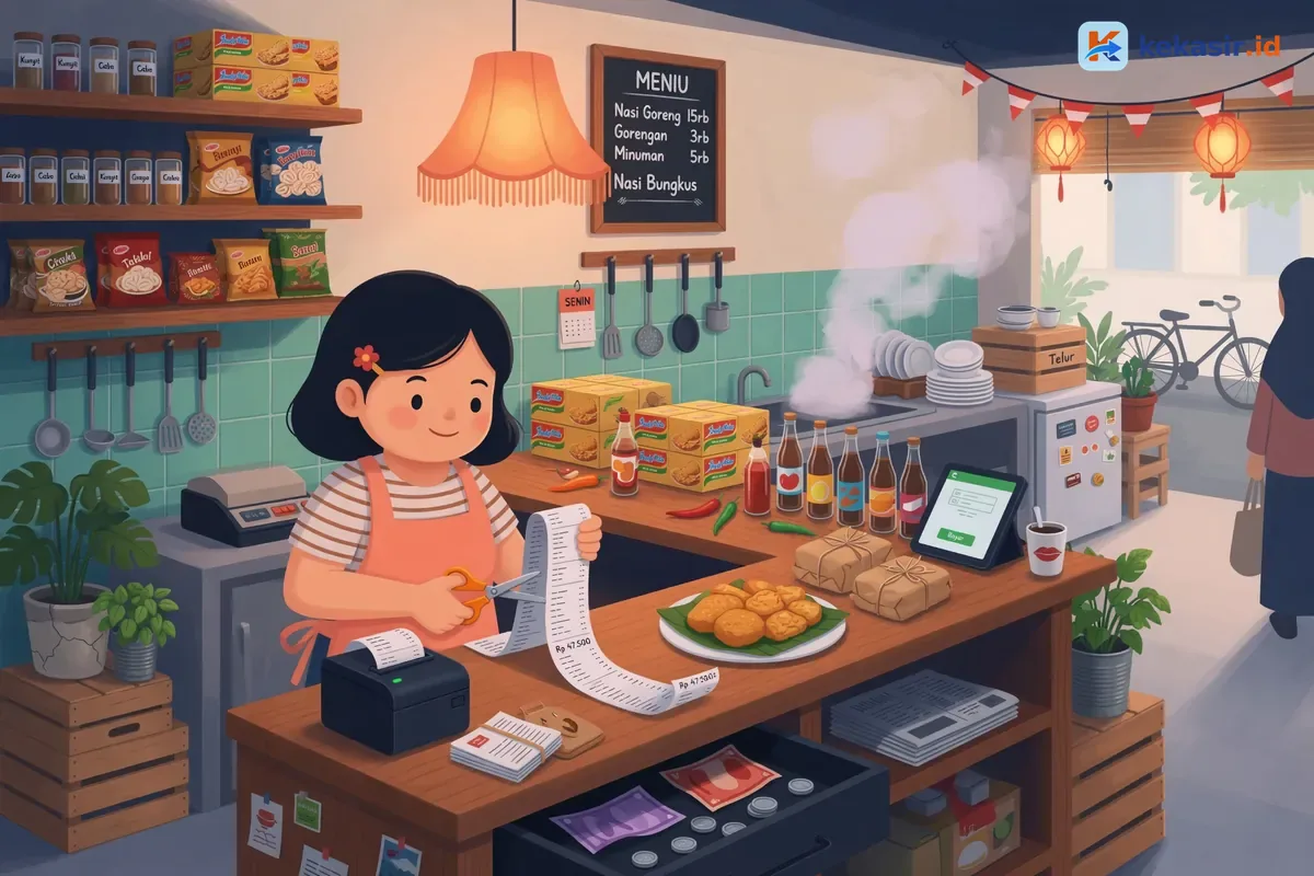 Ilustrasi kasir warung sedang memotong struk thermal di meja kasir