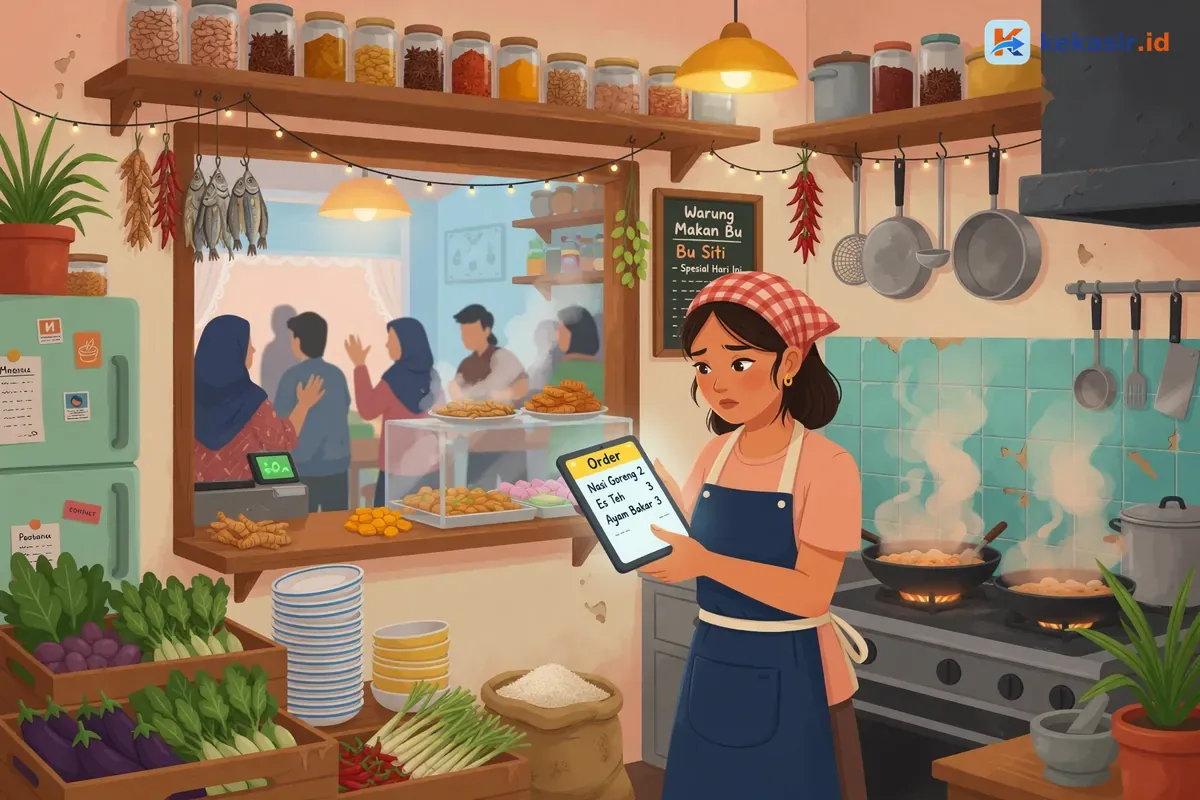 Suasana dapur dan kasir warung sedang ramai saat pelanggan memesan