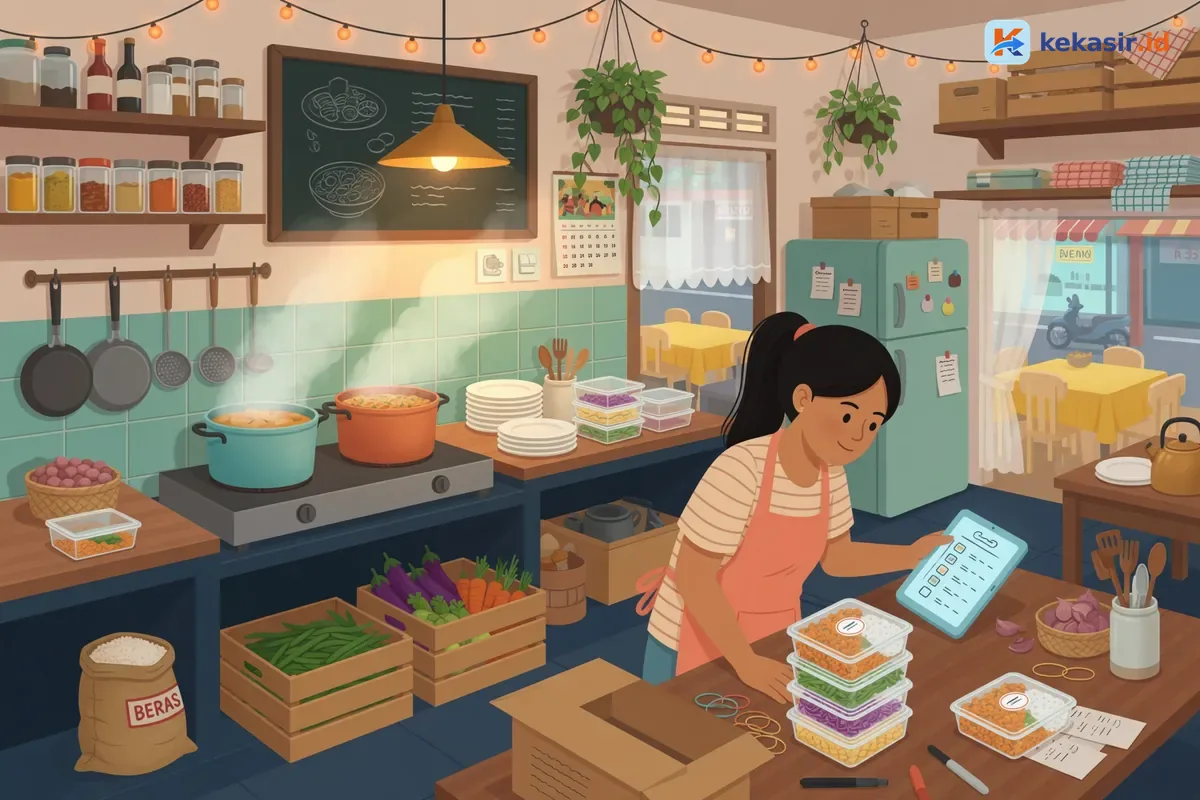 Ilustrasi pemilik usaha katering rumahan memeriksa pesanan nasi kotak di dapur