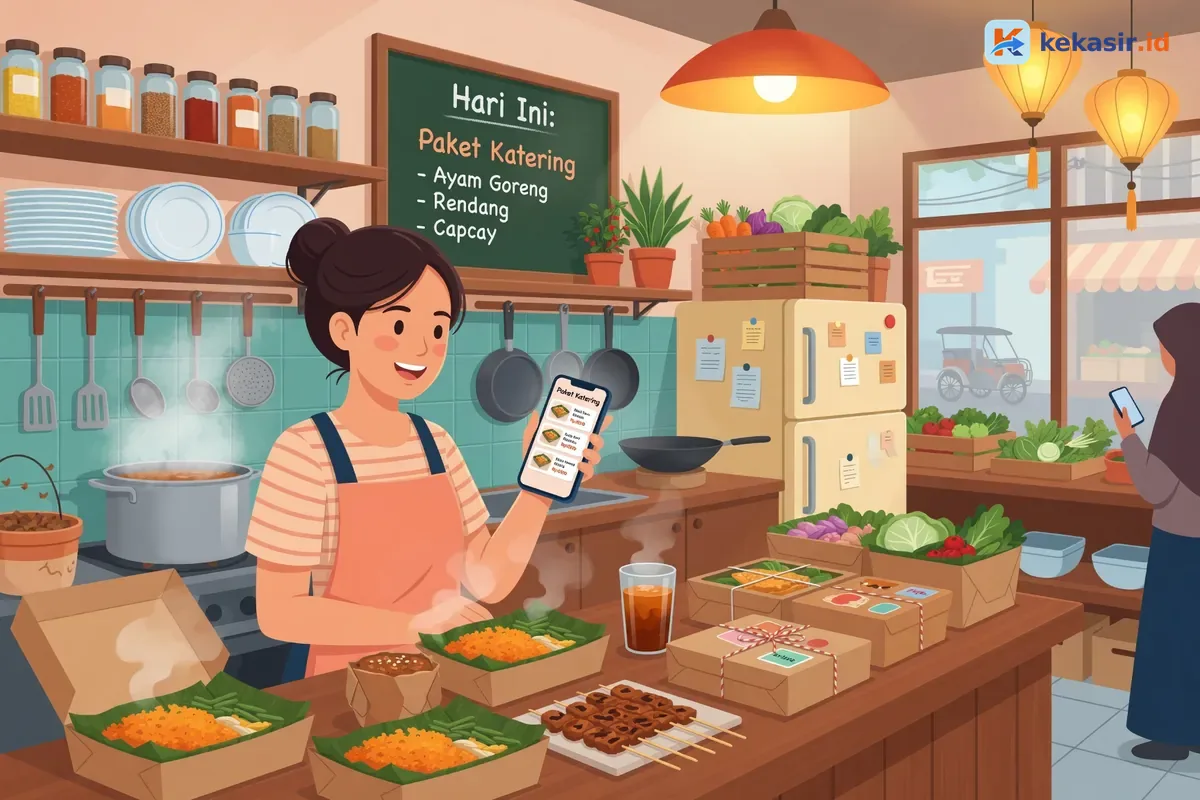 Ilustrasi pemilik usaha katering menerima pesanan pre order dari pelanggan via ponsel