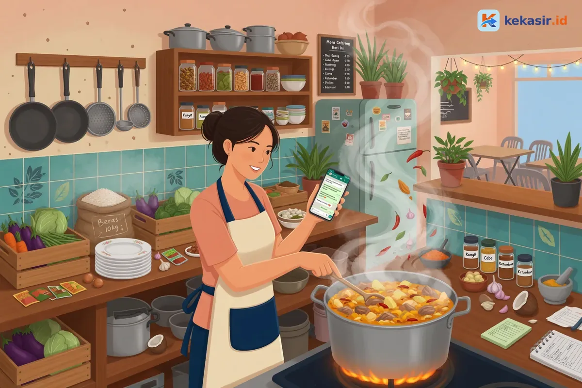 Ilustrasi pemilik usaha katering memeriksa pesanan WhatsApp sambil menyiapkan makanan di dapur