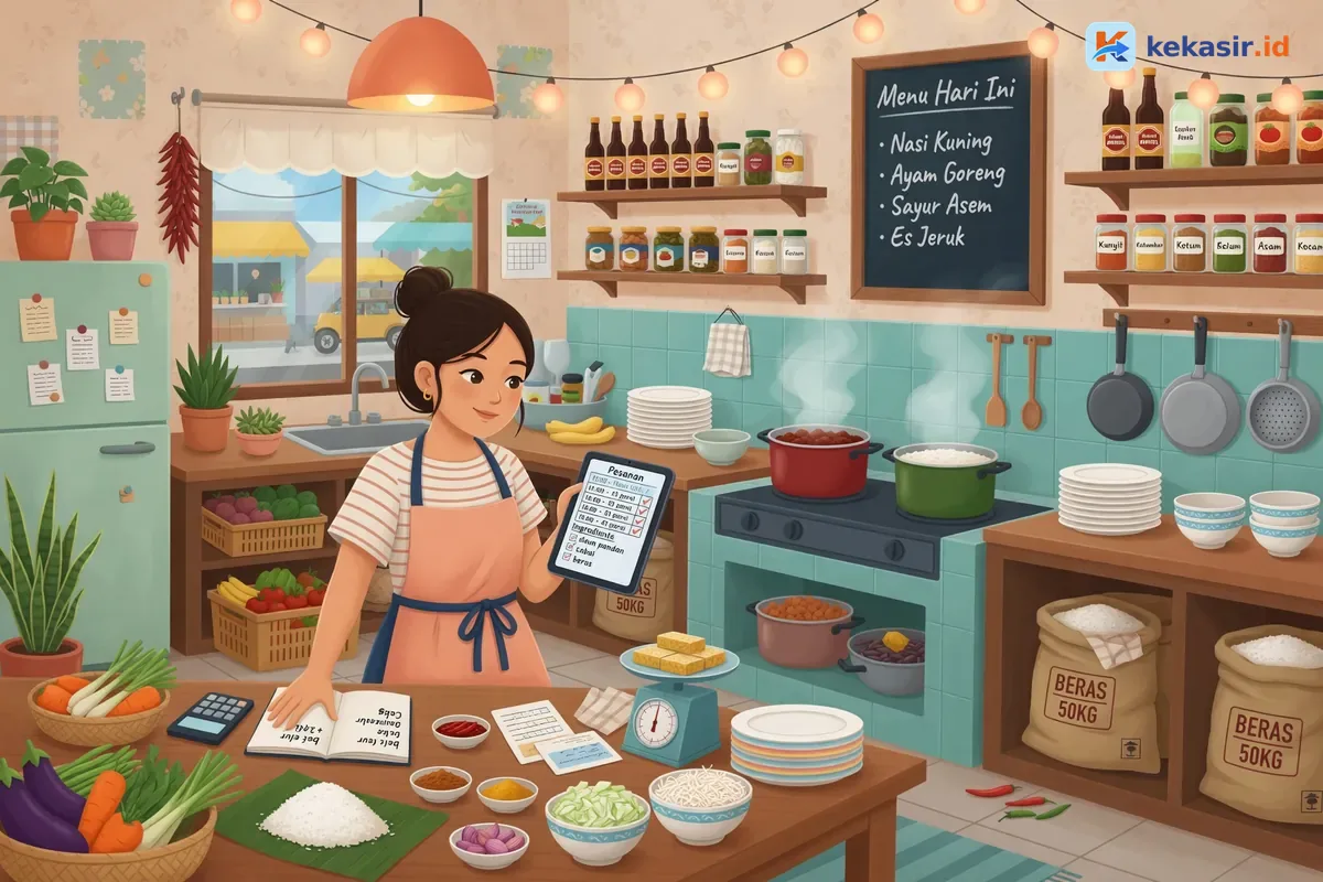 Ilustrasi pemilik usaha katering mengelola jadwal pesanan dan resep bahan baku di tablet