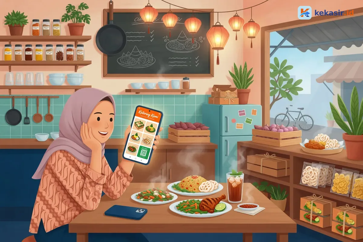 Ilustrasi pelanggan memesan katering melalui katalog online dari ponsel mereka