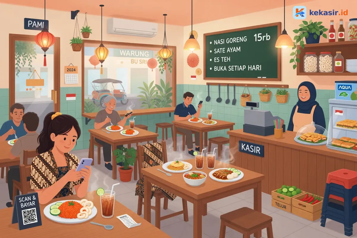 Ilustrasi kasir warung menunjukkan kode QRIS ke pelanggan untuk membayar pesanan