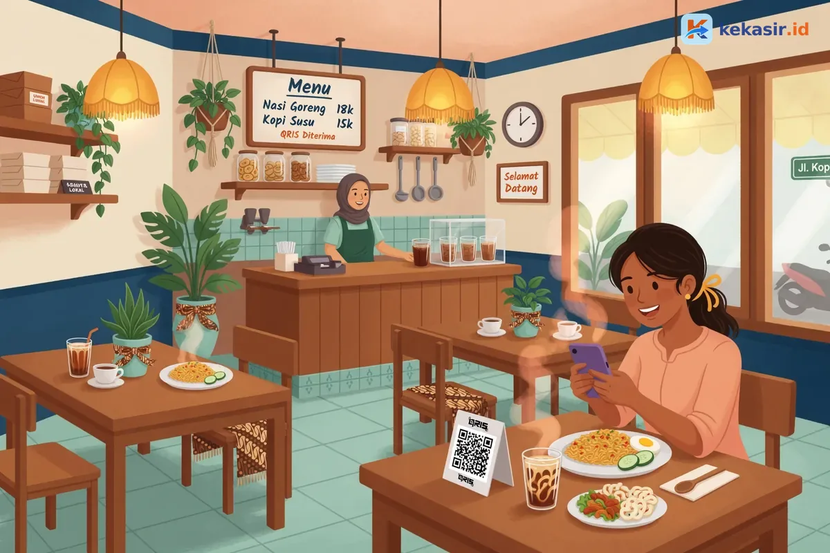 Ilustrasi pelanggan scan QR meja untuk self-order dan bayar langsung via QRIS di kafe