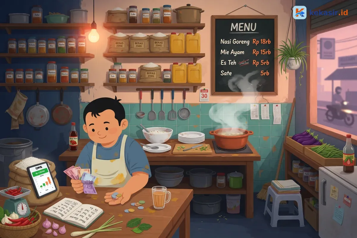 Ilustrasi pemilik warung menghitung pemasukan tunai dan digital saat tutup shift