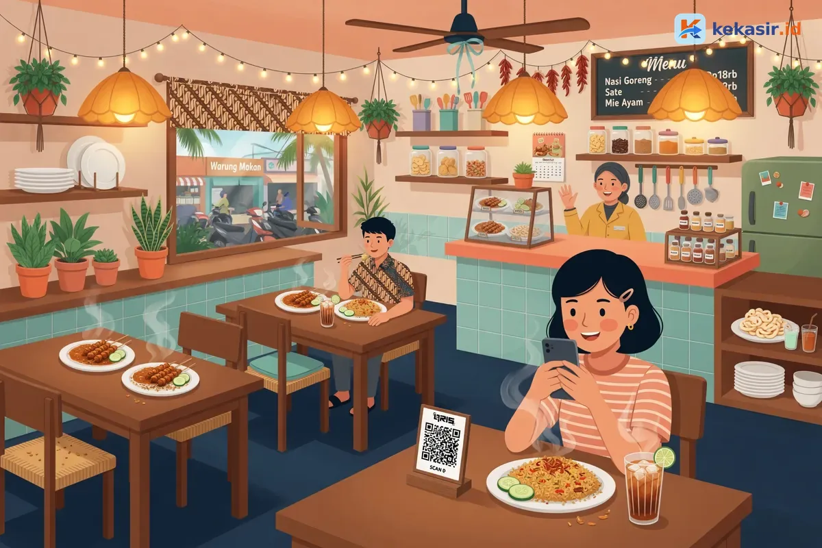 Ilustrasi pelanggan melakukan pembayaran QRIS di kasir warung makan