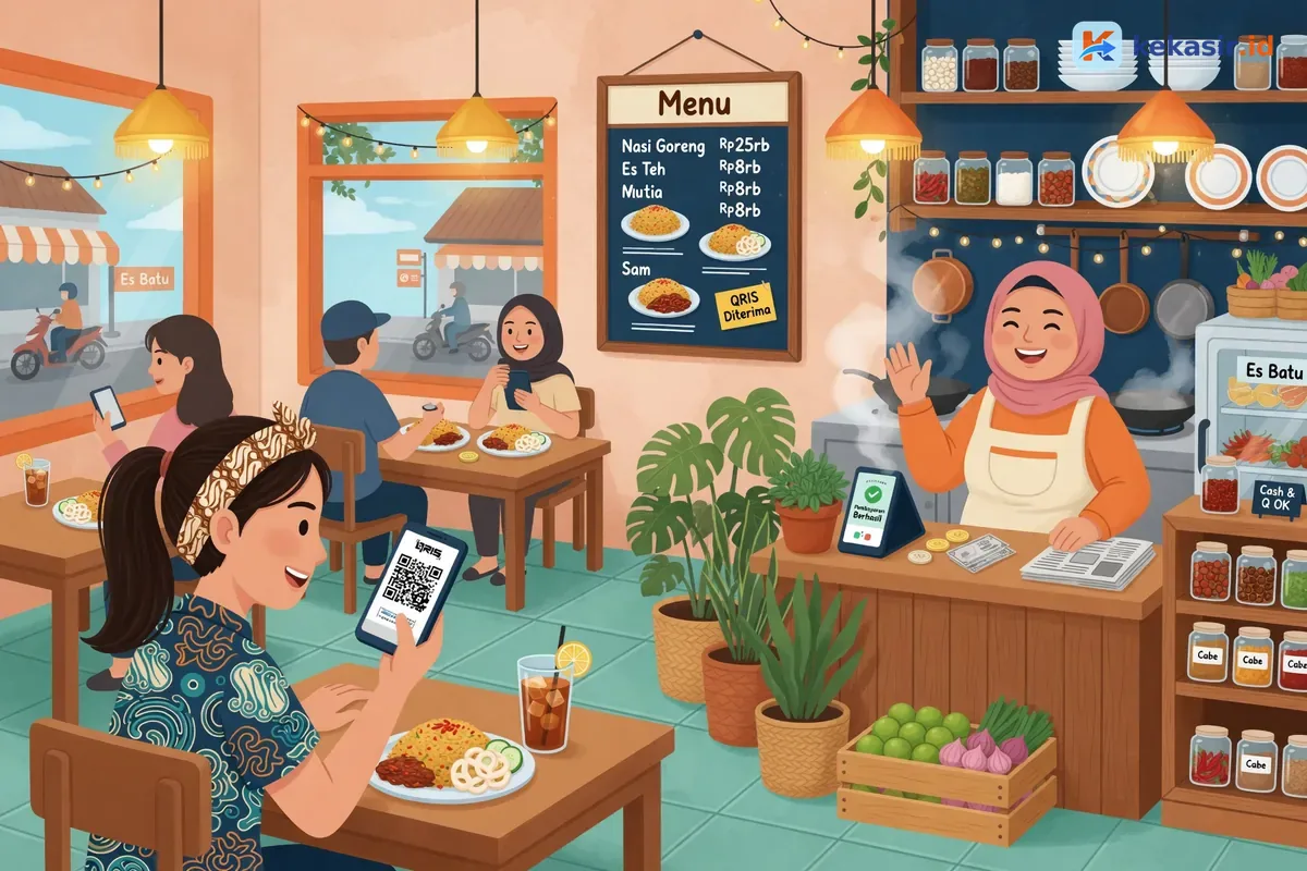 Ilustrasi kasir warung menerima pembayaran campuran tunai dan QRIS