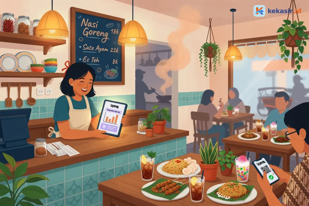 Ilustrasi pemilik usaha kuliner cek laporan penjualan QRIS di tablet