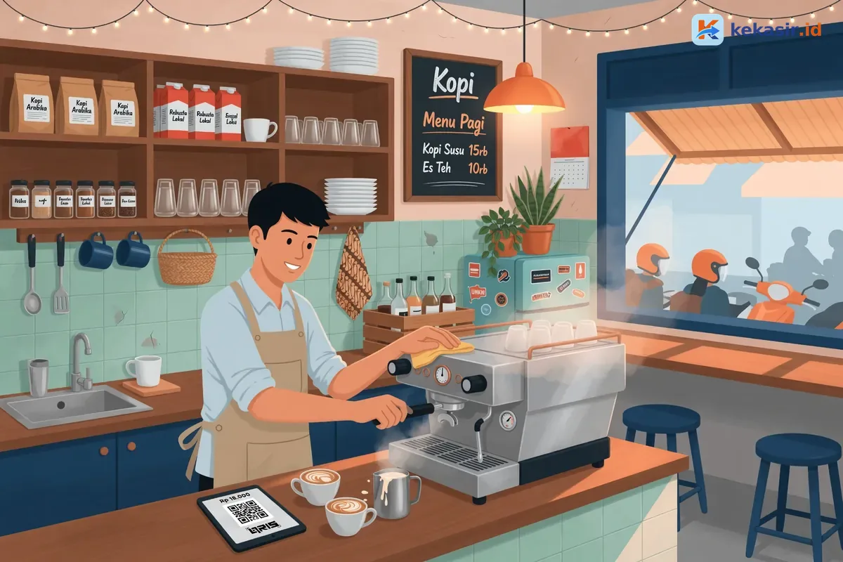 Ilustrasi barista warung kopi mempersiapkan mesin espresso di pagi hari