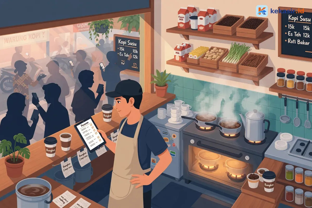 Ilustrasi pelanggan ramai memesan kopi di warung pinggir jalan saat jam pagi