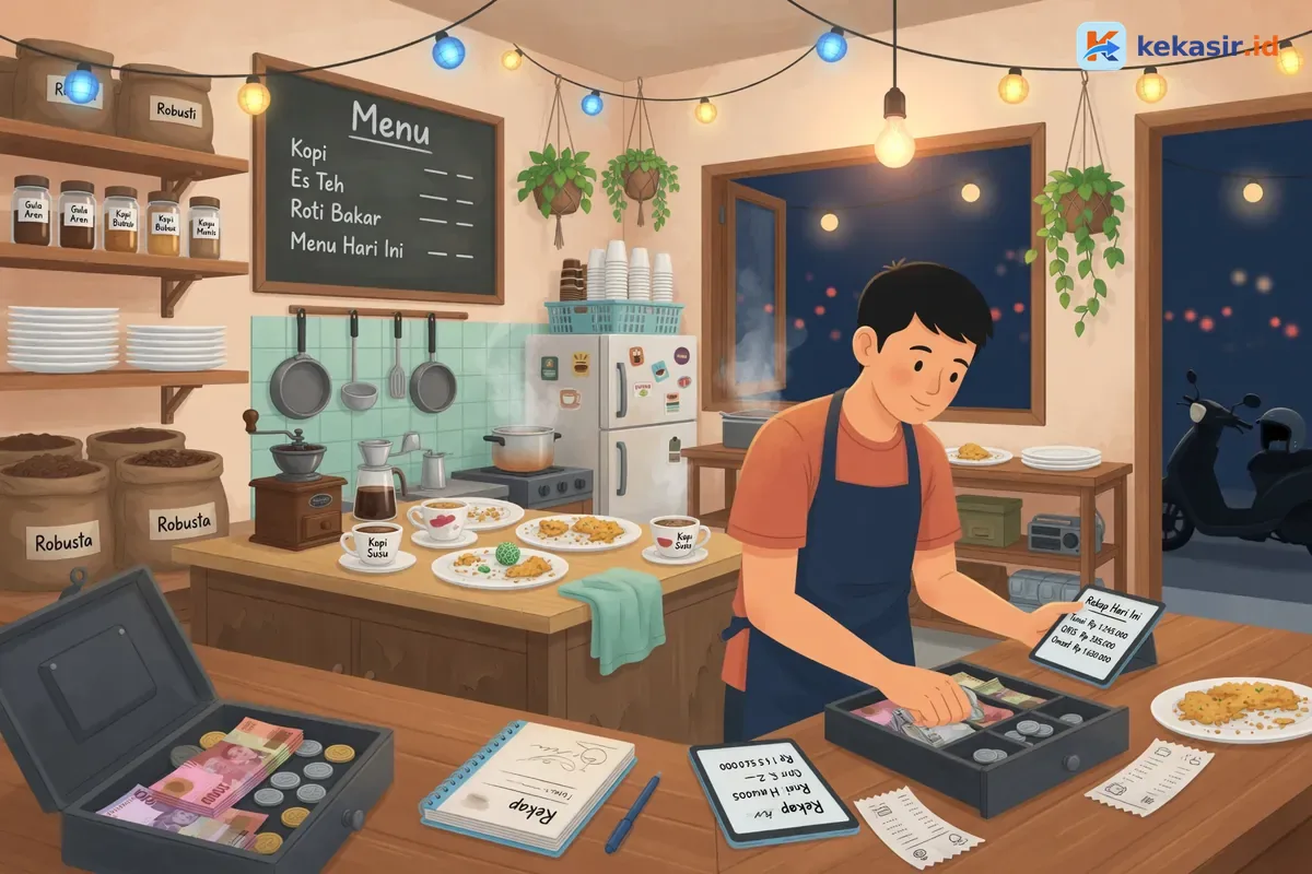 Ilustrasi pemilik warung kopi menghitung uang kas dan merekap penjualan di malam hari