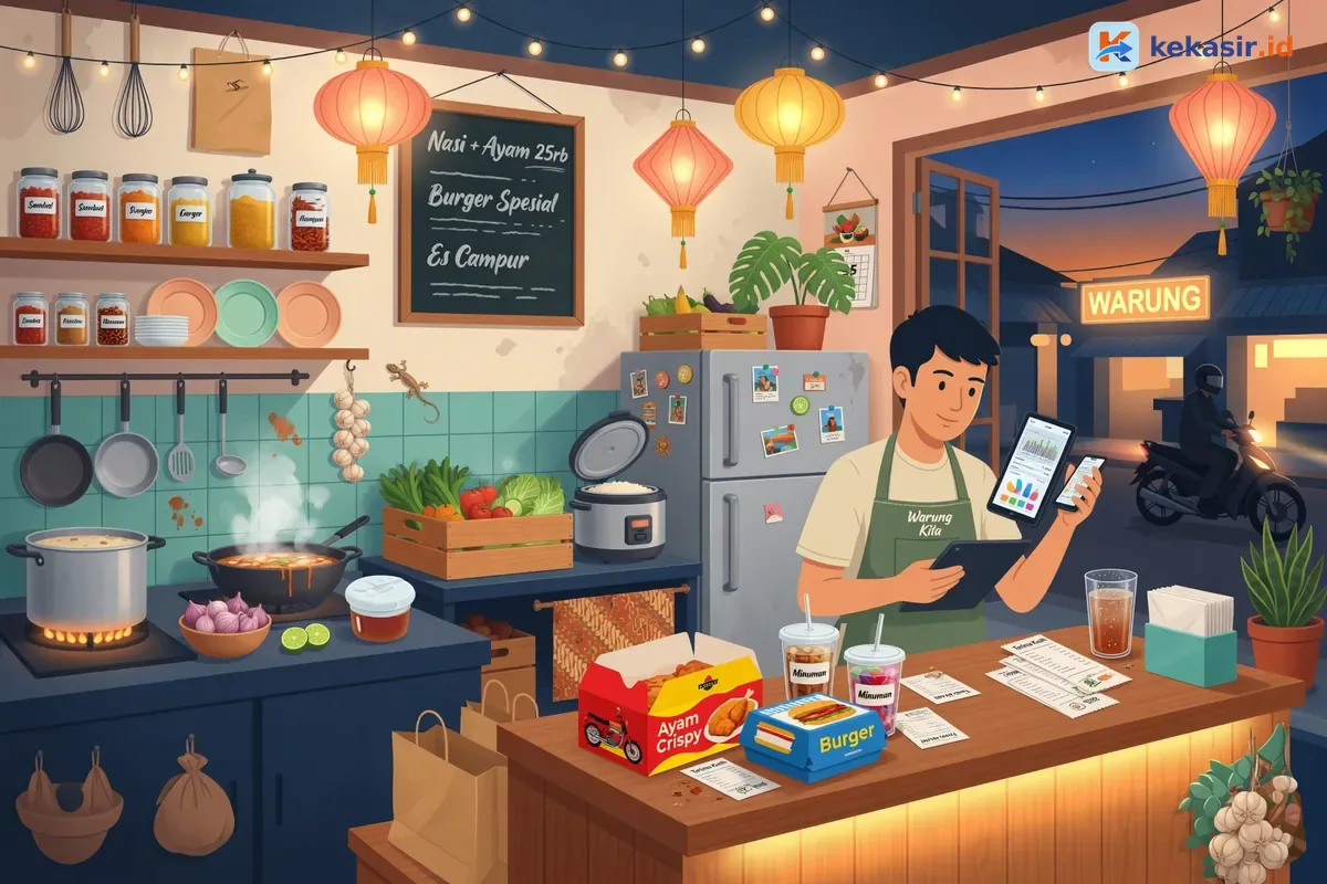 Ilustrasi dapur cloud kitchen dengan beberapa kemasan merek berbeda siap dikirim