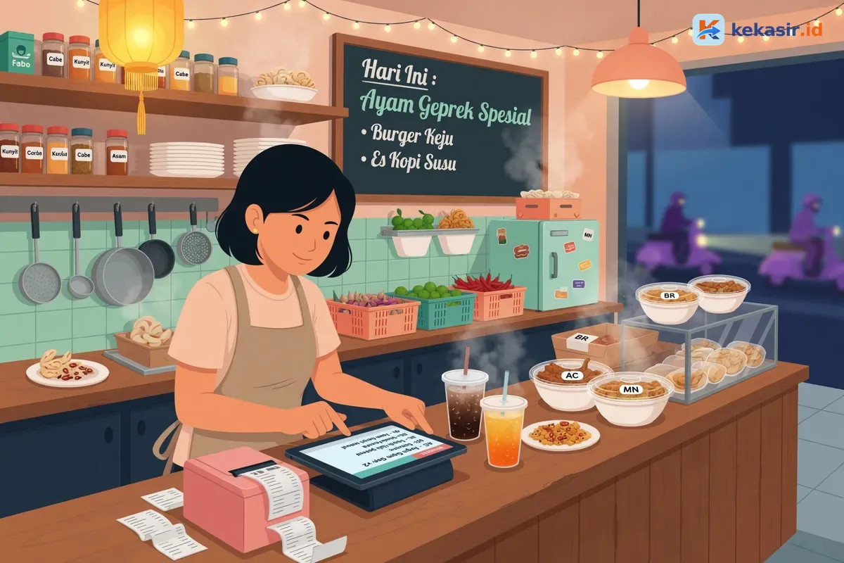 Ilustrasi operator kasir cloud kitchen memasukkan pesanan per merek di tablet