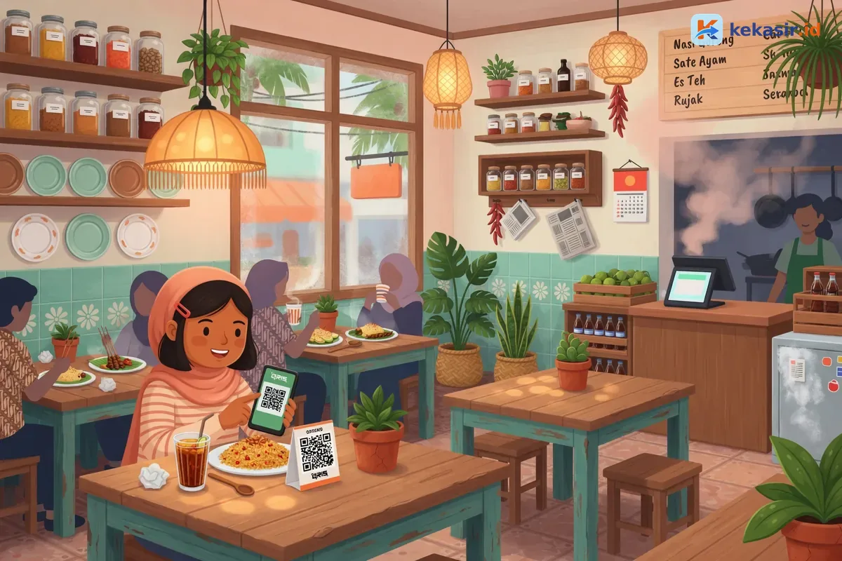 Ilustrasi staf cloud kitchen mengepak pesanan dua merek berbeda di meja packing