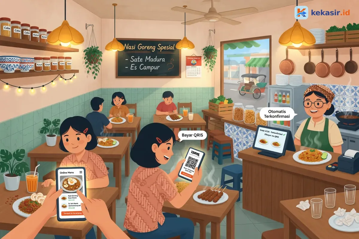 Diagram alur pesanan pre order dari katalog online hingga pembayaran QRIS terkonfirmasi