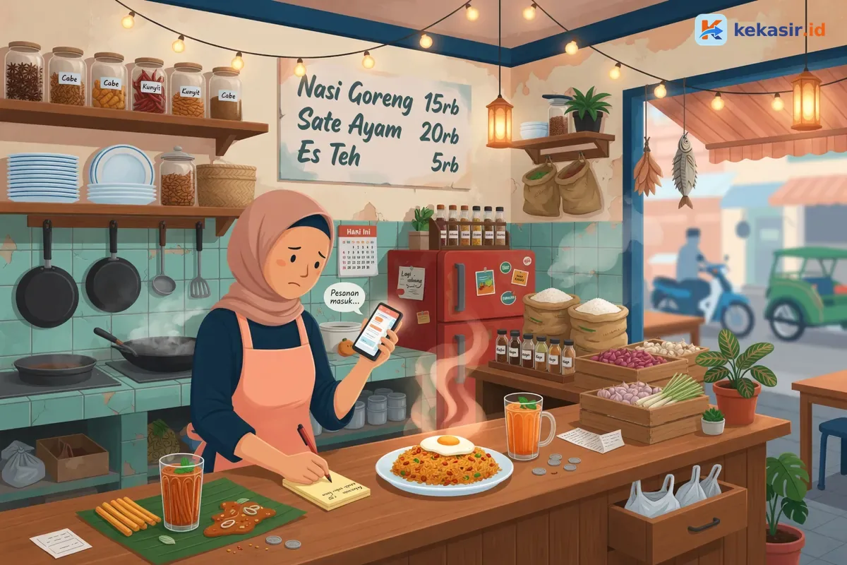 Ilustrasi kasir resto menerima order delivery dari smartphone
