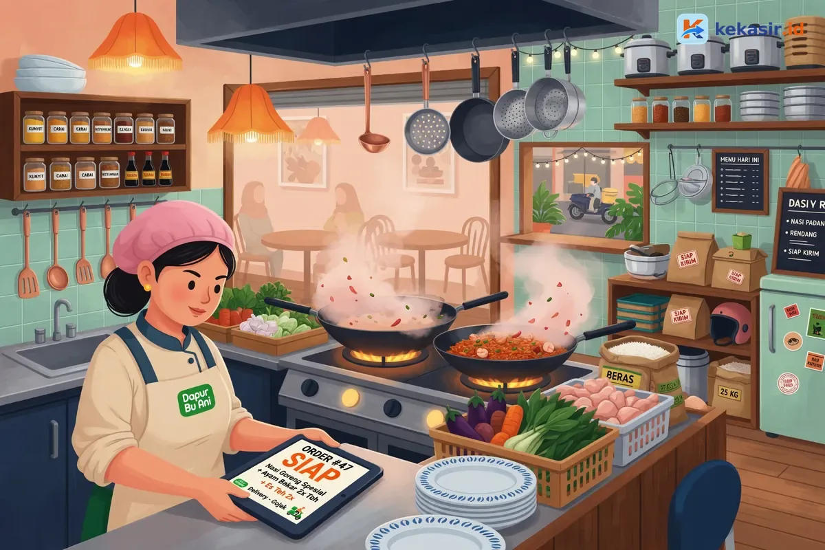 Suasana dapur resto sibuk menyiapkan pesanan delivery