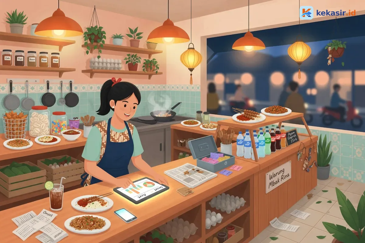 Ilustrasi food court ramai dengan beberapa stall kuliner dan kasir di meja