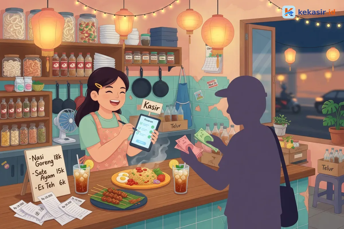 Suasana kasir stall food court mencatat pesanan di tablet sambil melayani pelanggan