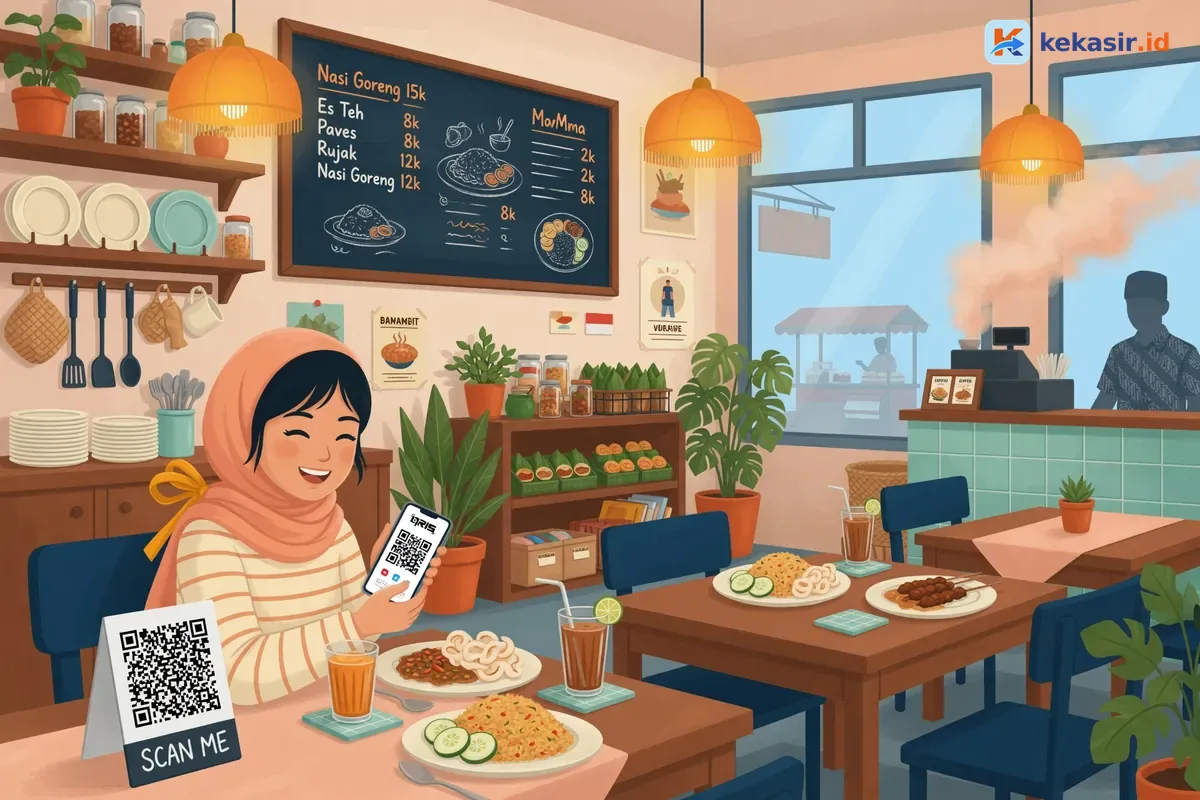 Ilustrasi pelanggan memindai QRIS di meja stall food court sambil menunggu pesanan