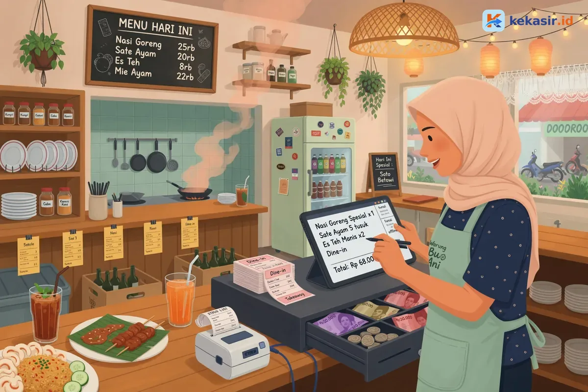 Ilustrasi staf kasir mencatat pesanan di tablet saat WiFi warung mati
