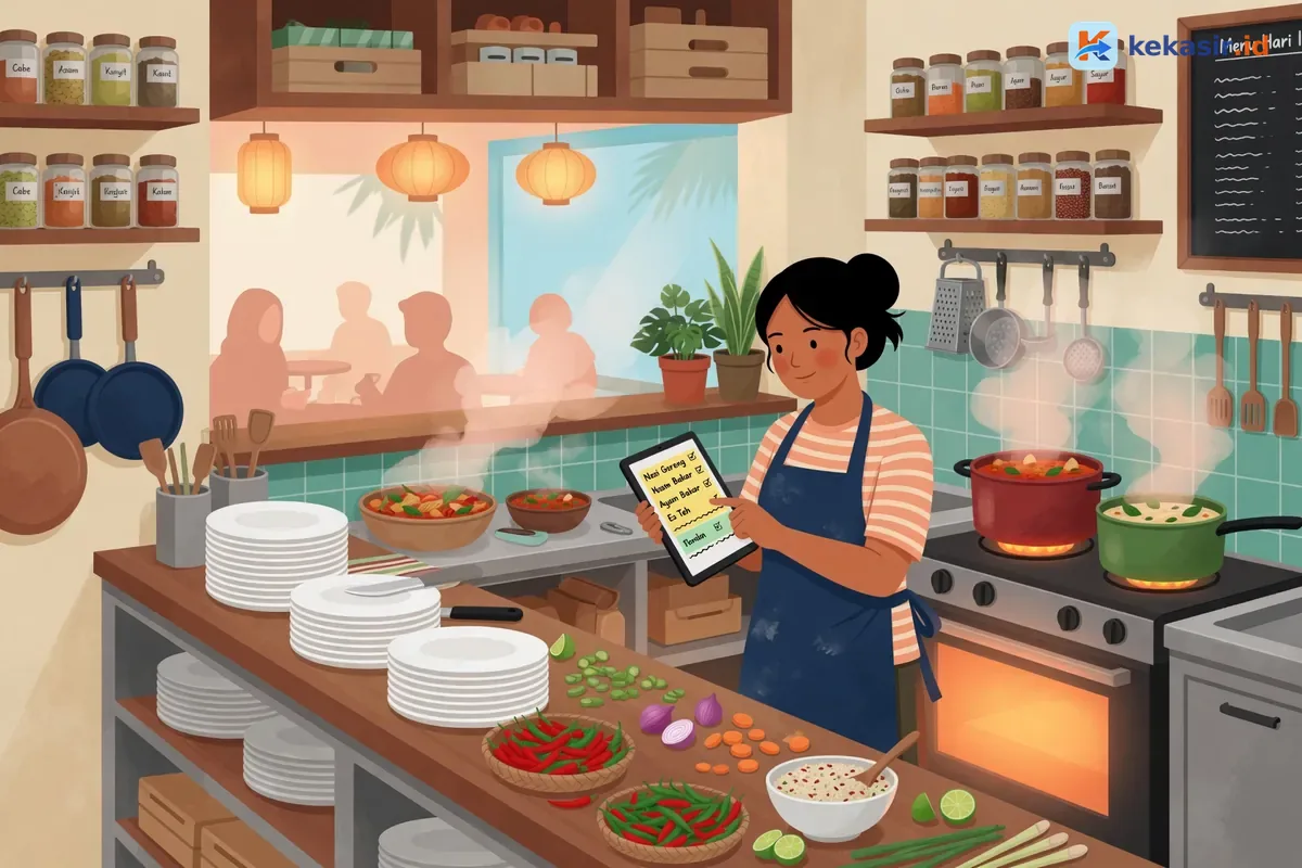 Ilustrasi pemilik cafe menyiapkan hotspot cadangan di meja kasir sebelum jam ramai