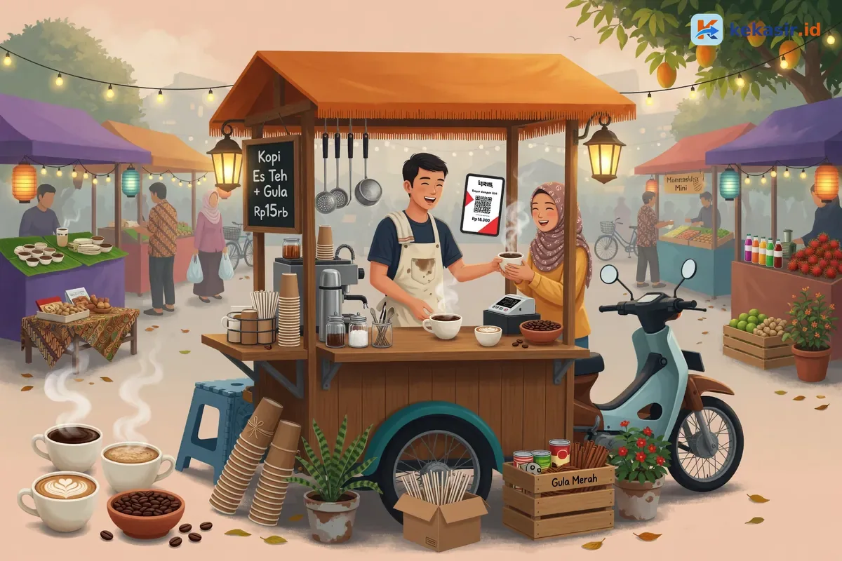 Ilustrasi penjual kopi keliling melayani pelanggan di area outdoor dengan tablet