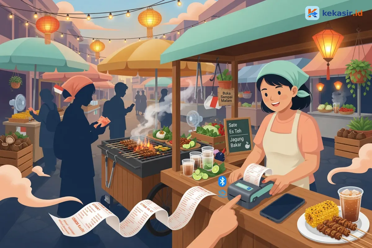 Ilustrasi tangan operator kasir mencetak struk thermal portable di area bazar makanan