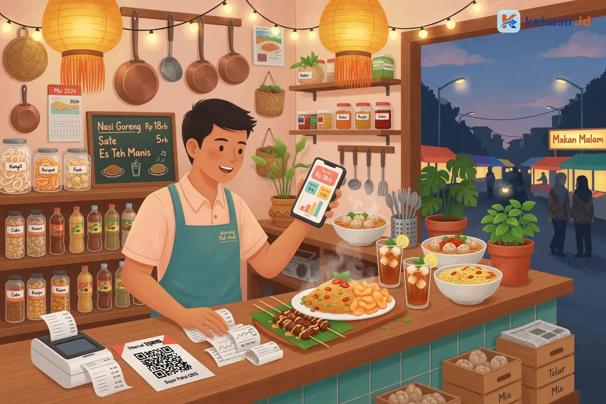 Ilustrasi pemilik gerobak makanan mengecek laporan penjualan harian dari smartphone