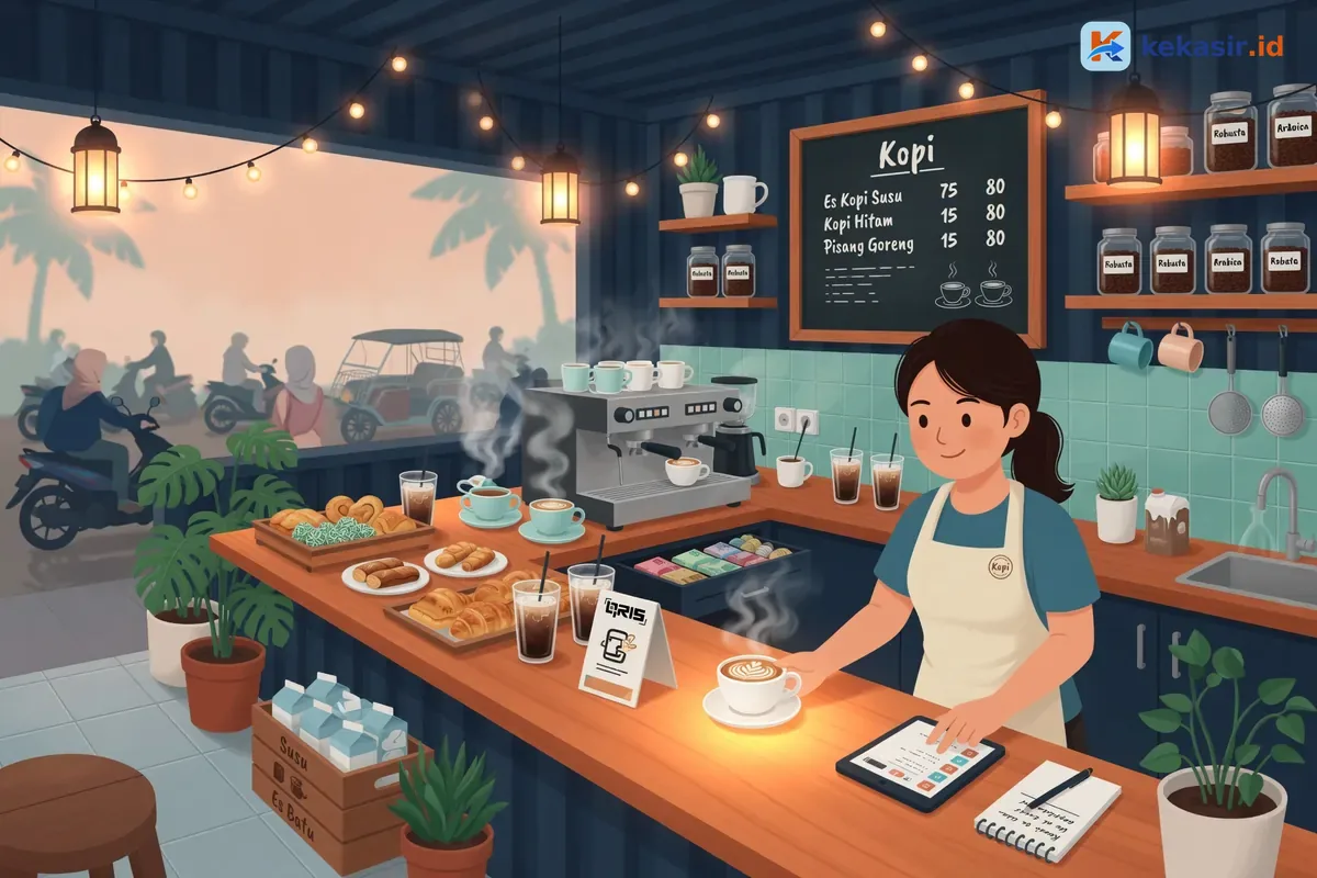 Ilustrasi barista melayani pelanggan di kontainer kopi pinggir jalan sambil catat order di tablet